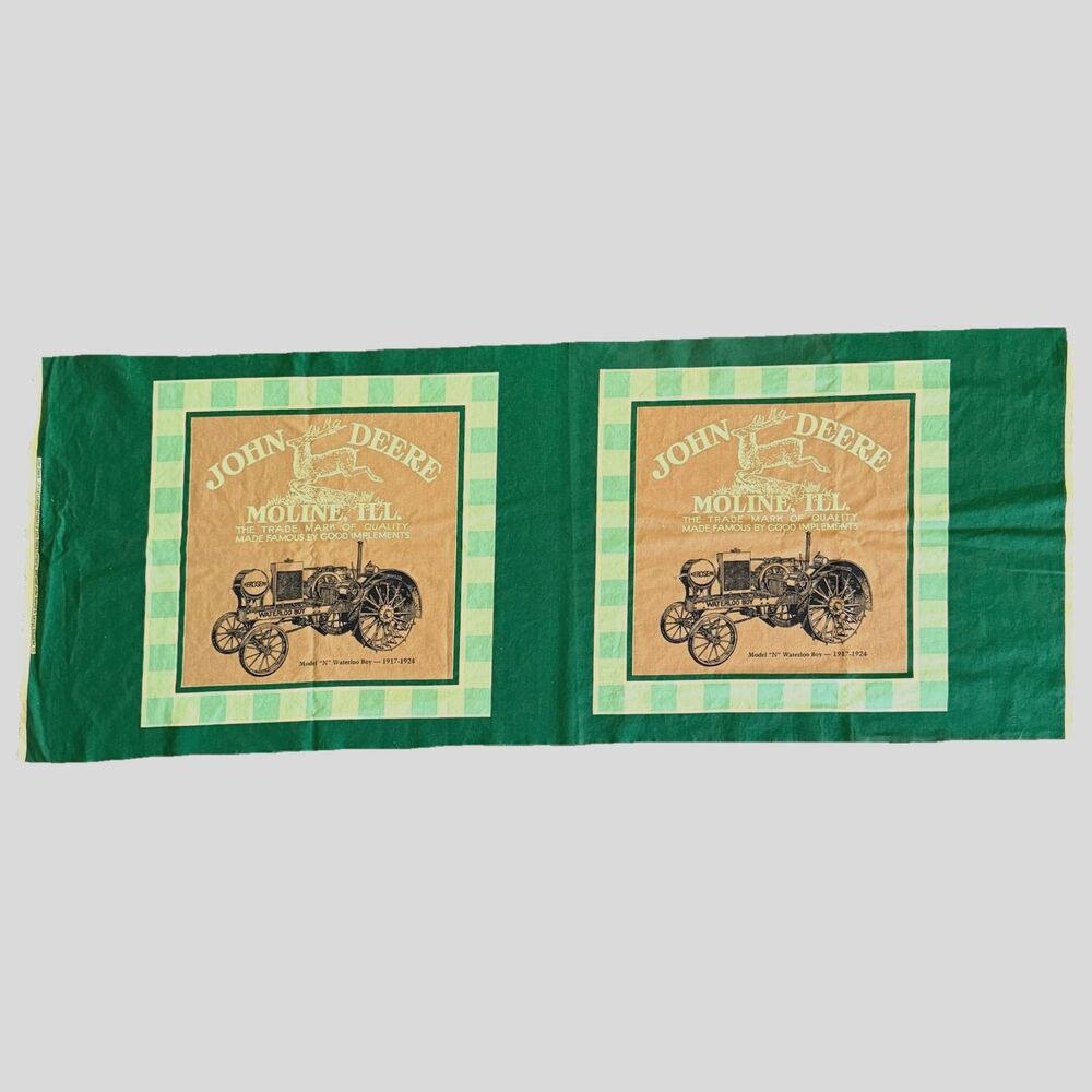 Vtg John Deere Tractor Green Pillow Panels Fabric 15" Quilt Blocks Moline ILL